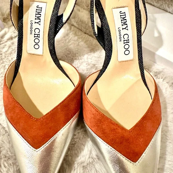 Jimmy Choo Silver, brown, and denim heels